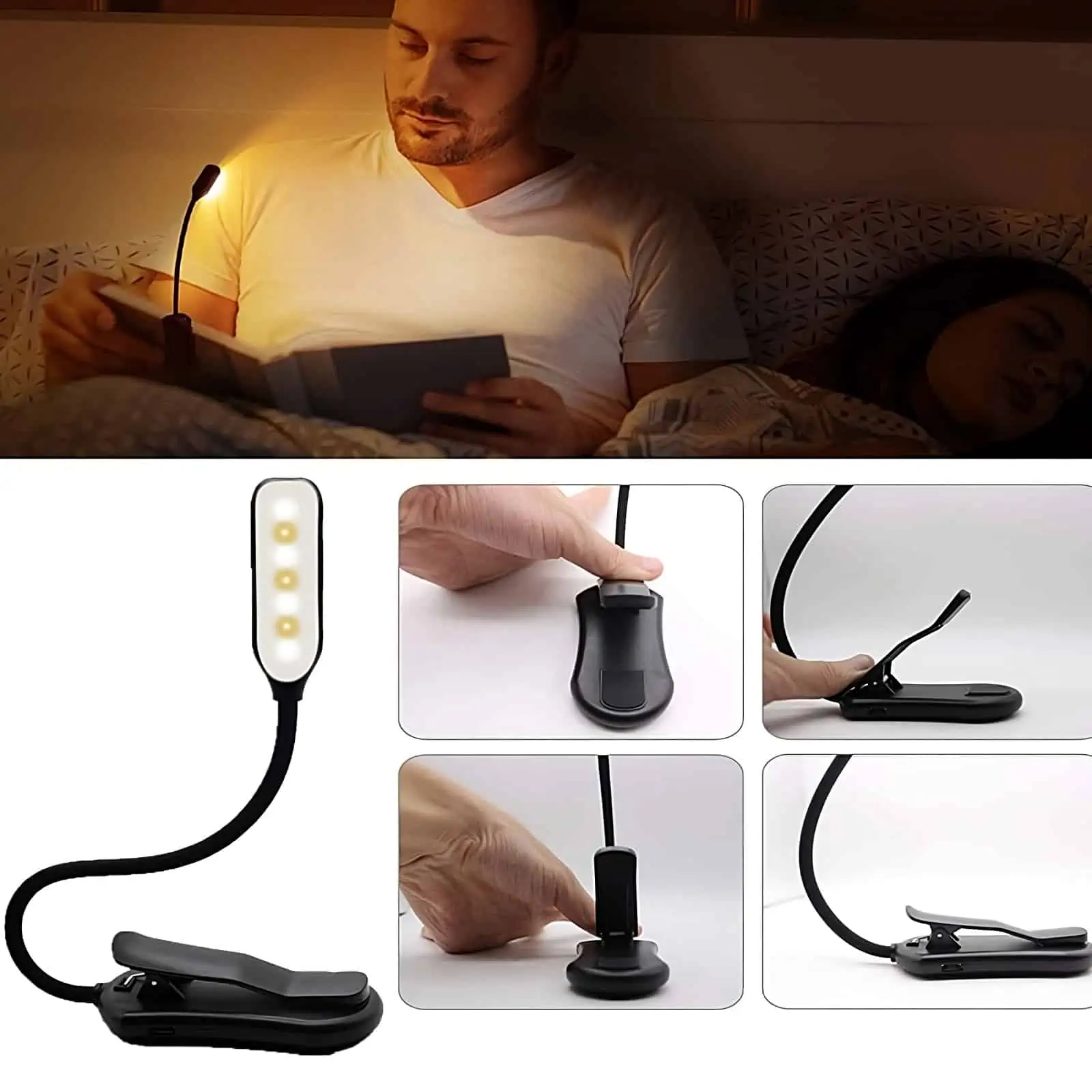 Lampe de Lecture, Lampe Lecture Rechargeable par USB avec Capteur Tactile,  Lampe Livre avec 3 Modes de Luminosité Réglables Eye-Care, Clip Flexible